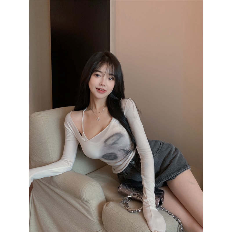 Áo thun tay dài dáng ôm phối màu nhuộm thời trang Hàn Quốc dành cho nữ