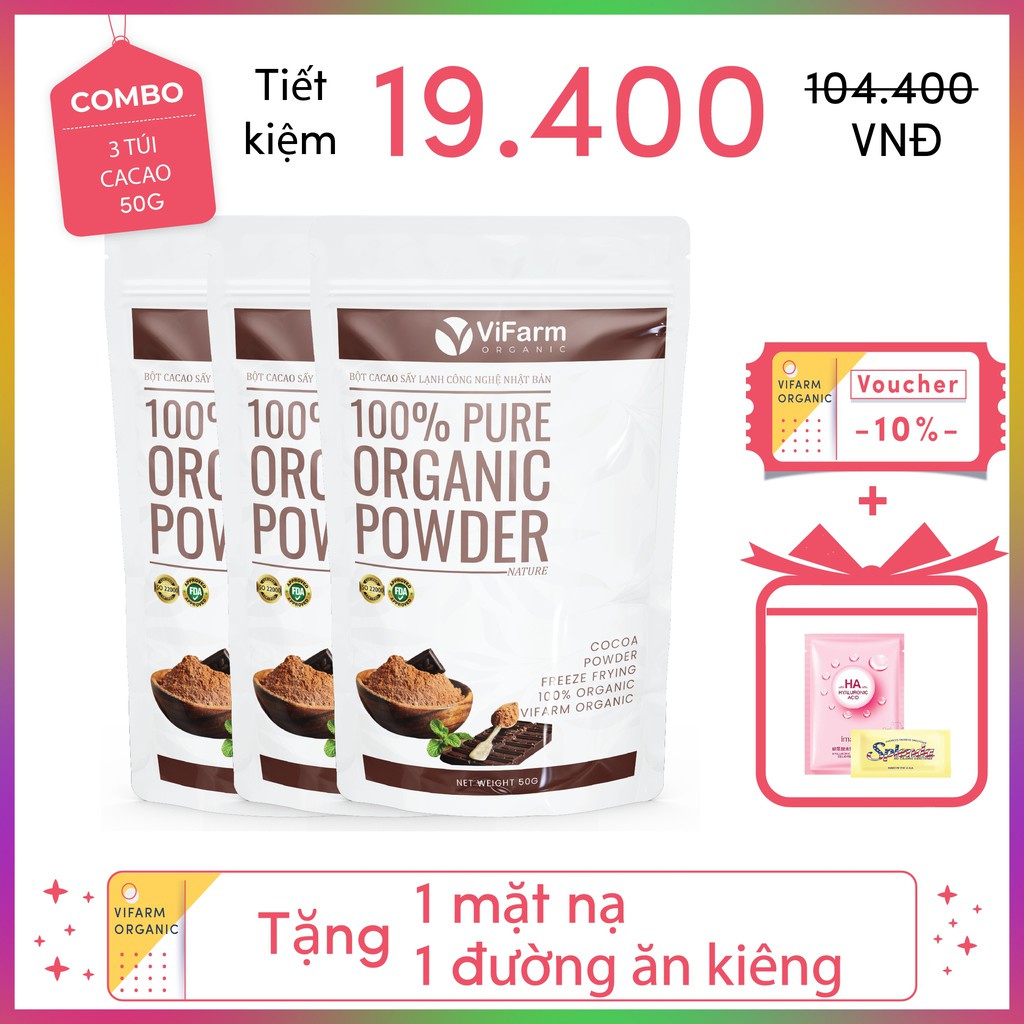 Bột Ca Cao Nguyên Chất 100% ViFarm 50Gram, Bột Cacao không đường, Hỗ Trợ Giảm Cân, Ăn Kiêng