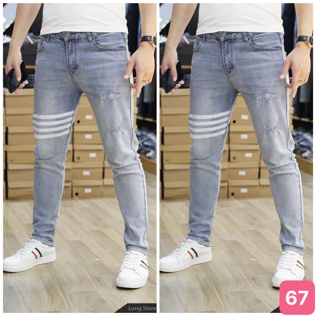 Quần jean nam rách gối to màu xanh nhạt bạc trơn chất jeans bò cao cấp co dãn 4 chiều rin form dáng skinny Hado29 mới