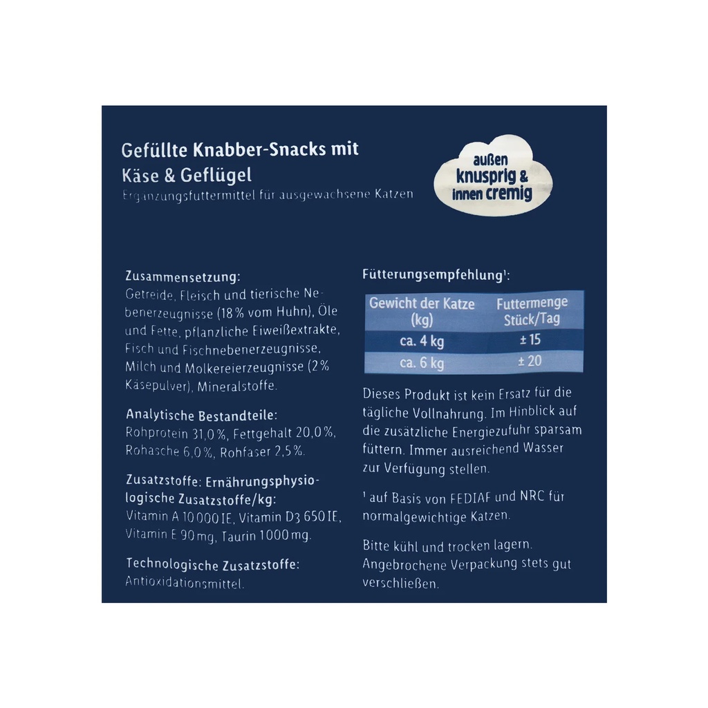 70gr - Bánh thưởng cho Mèo Coshida Creamy &amp; Crunch Knabbersnack vị Gà Phomai &amp; Cá hồi giòn tan bên ngoài bọc kem