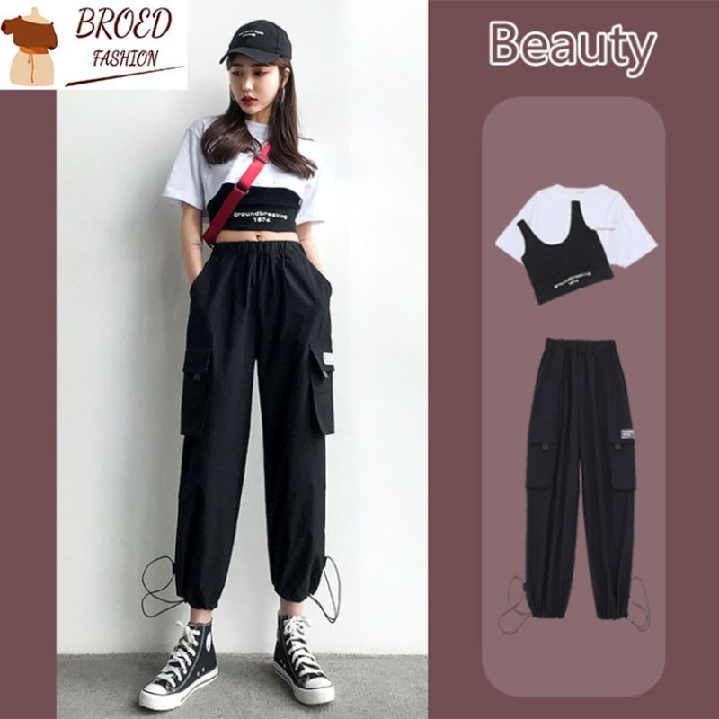 Set Áo Thun Ngắn Tay + quần ống rộng Thời Trang Nữ