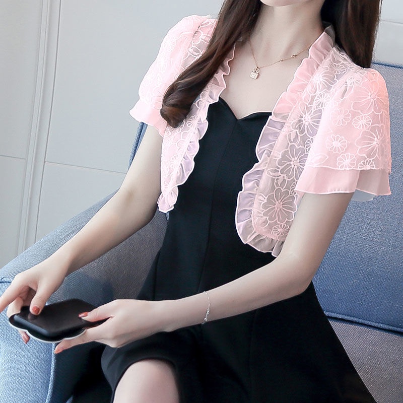 Áo Khoác Cardigan Tay Ngắn Phối Ren Dễ Thương