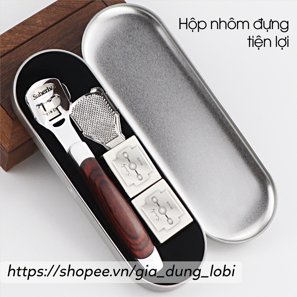 Dụng cụ chà gót chân inox Cây bào nạo mài gót chân vết chai sần 2in1 ( kèm 20 lưỡi &amp; hộp đựng )