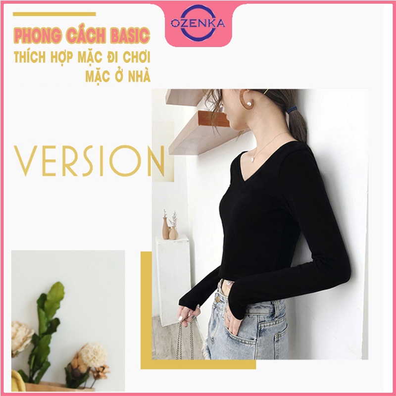 Áo croptop tay dài cổ V ôm body OZENKA , ao crt mặc đi học đi chơi đẹp thun gân 100% cotton màu đen trắng free size