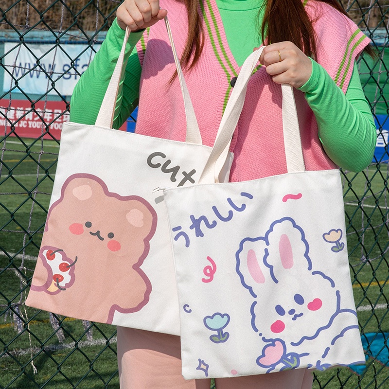 Túi tote gấu thỏ DABU dễ thương size lớn 36 x 34.5 cm dây dài 20 cm đựng vừa A4
