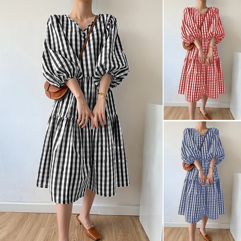 ZANZEA Đầm Nữ Dáng Dài Tay Phồng Họa Tiết Caro Thời Trang | BigBuy360 - bigbuy360.vn