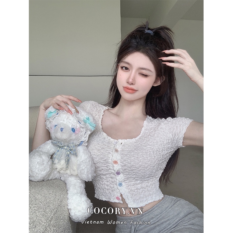 Cocory vn Áo Croptop Tay Ngắn Cổ Vuông Dáng Ôm Thời Trang Mùa Hè Quyến Rũ Cho Nữ