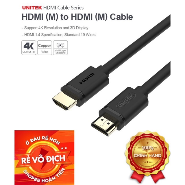 Cáp HDMI Unitek 1080/2K Dây lõi đồng, tín hiệu tốt, hạn chế sét đánh