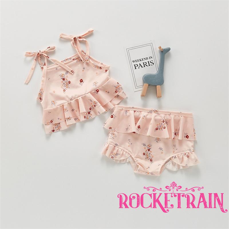 ♧Dl✬Bộ Đồ Bơi 2 Mảnh In Họa Tiết Hoa/Cá Hồi Kèm Quần Ngắn Cho Bé Gái