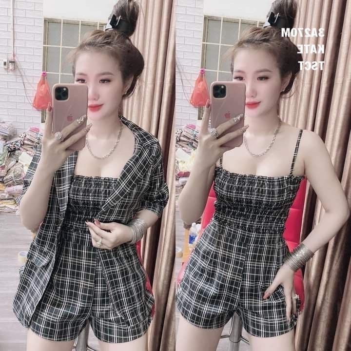 Áo khoác vest + quần Short + Áo ống siêu dễ thương và quyến rũ, SET 3 MÓN CARO SIÊU XINH