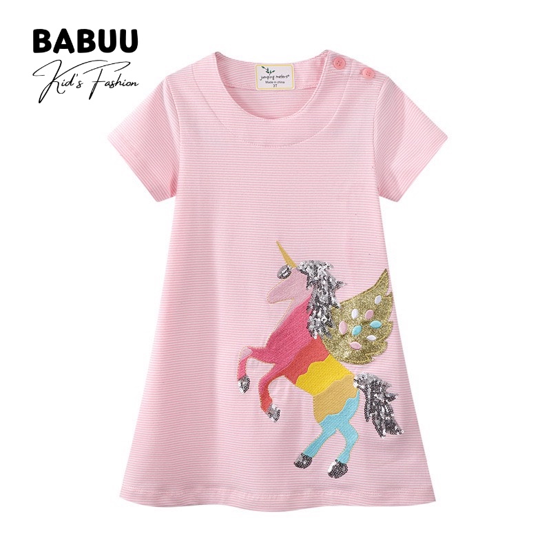 Đầm váy trẻ em Babuu Fashion màu hồng sọc trắng thêu hình ngựa Unicorn, phối nút vai dễ thương BA02