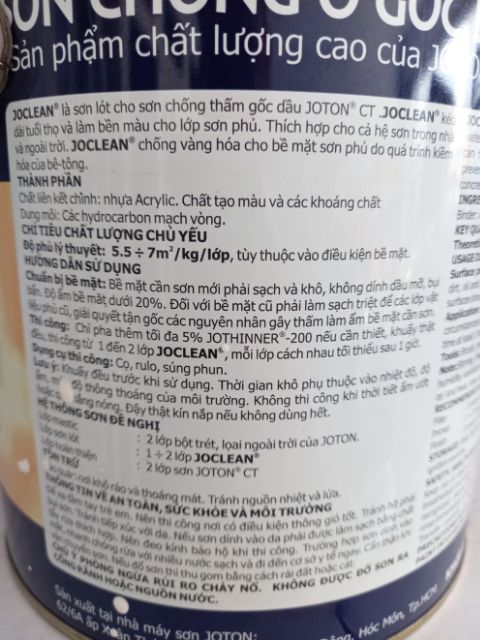 Sơn chống ố gốc dầu Joton Joclean bảo quản tường trong nhà và ngoài trời- Lon 1L và 3L