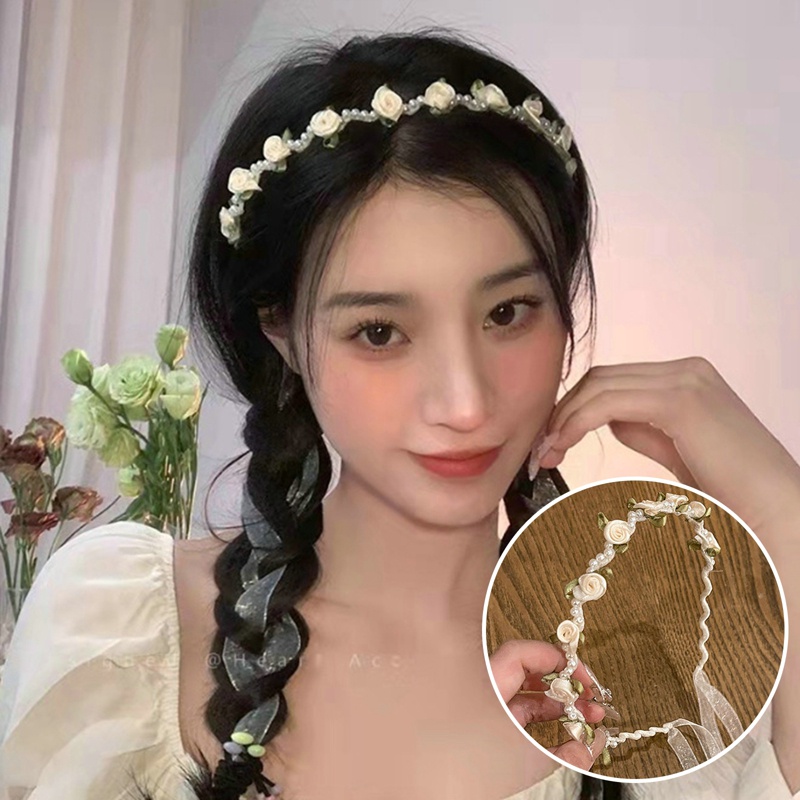 Băng Đô Cài Tóc Bằng Ren Đính Hoa Ngọc Trai Thời Trang Mùa Hè Cho Nữ