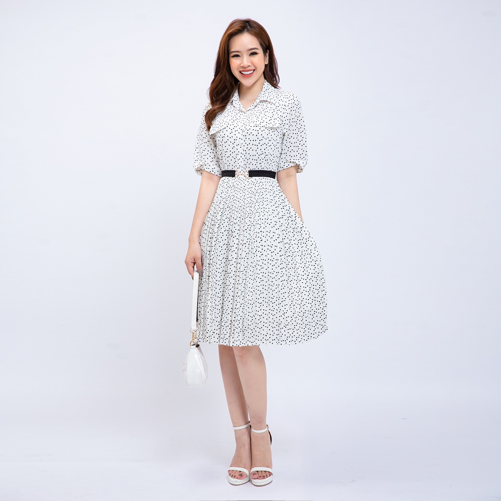 Đầm công sở châm bi tim dáng xòe AMYRA thiết kế trẻ trung  cổ sơ mi nút ngực đai eo DA148 | BigBuy360 - bigbuy360.vn