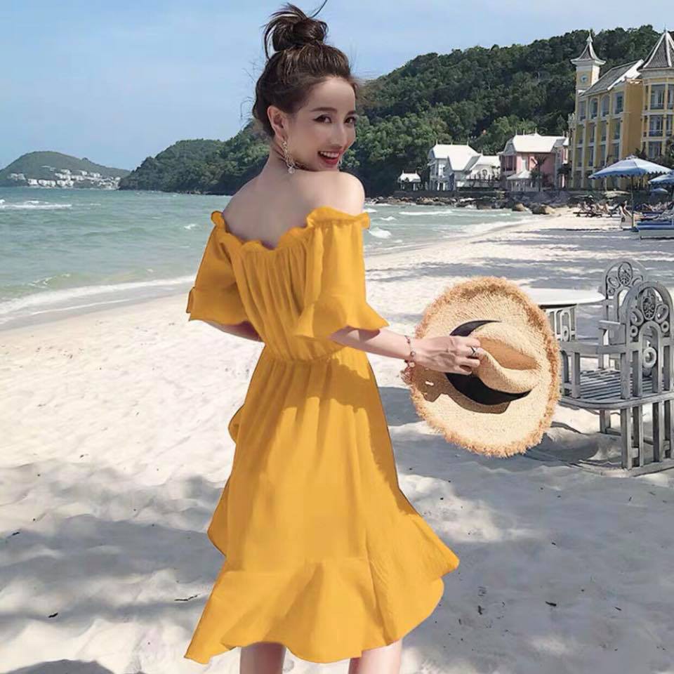 Đầm Nữ Vàng Trễ Vai Bèo (KÈM ẢNH THẬT) | BigBuy360 - bigbuy360.vn