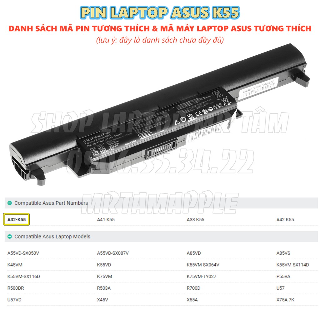 (BATTERY) PIN LAPTOP ASUS K55 (A32-K55) dùng cho K45 K45V K55 K55V K55N K75 K75A K75VM A32-K55 A33-K55 X45A X45C X45U