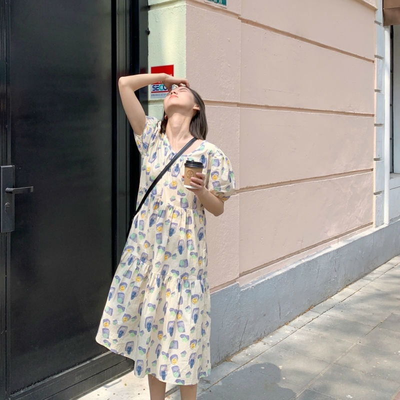 Đầm dáng rộng in họa tiết phong cách Retro thời trang mùa hè thanh lịch cho phái nữ