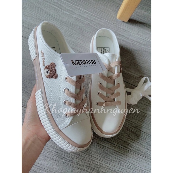 Giày sục đạp gót giày luời nữ hình gấu vải canvas