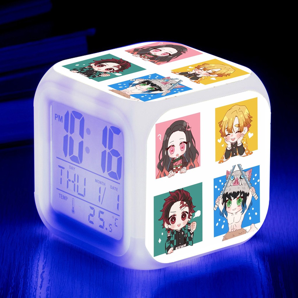 Đồng hồ báo thức để bàn in hình KIMETSU NO YAIBA THANH GƯƠM DIỆT QUỶ VER NĂM MỚI anime chibi LED đổi màu