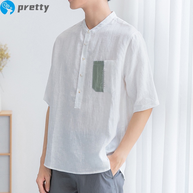 Jazeel Men  T-shirt Summer Cotton Linen Stand-up Collar Short-sleeved Casual Shirt