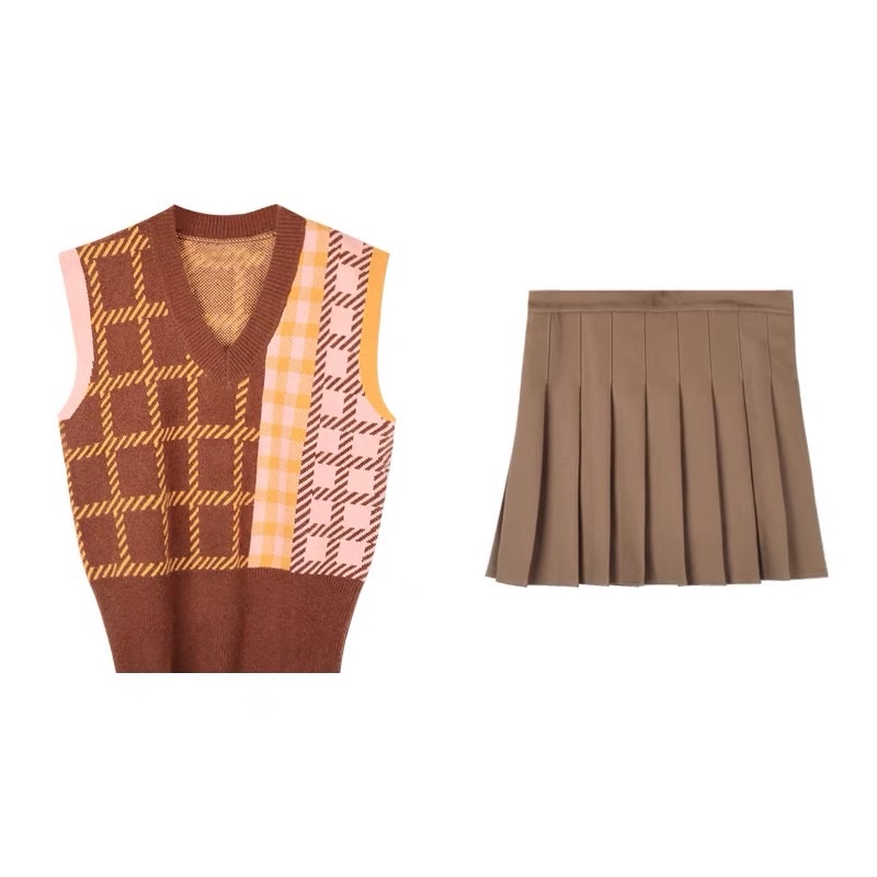 Set Áo Gile kẻ + Chân váy Xếp ly đáng yêu