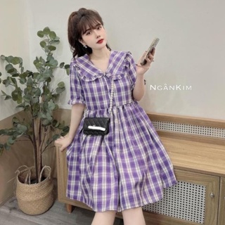 đầm suông cộc tay kẻ cổ tròn viền bèo, váy kẻ bầu bí ngắn tay cổ bèo màu trẻ trung