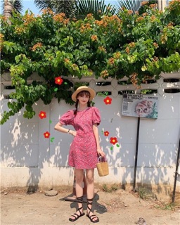 Đầm thun basic hồng  hoa nhí (hàng như hình)