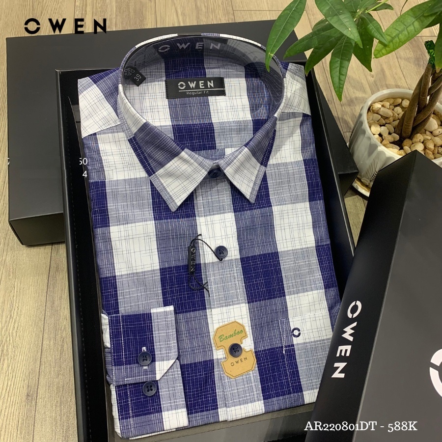 Áo Sơ Mi Nam Dài Tay OWEN AR220801DT Somi Công Sở Vải Sợi Tre Cao Cấp Màu kẻ caro navy trắng Dáng Regular Fit Tà Lượn