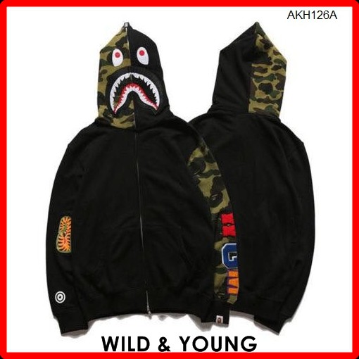 (HOT SALE) Áo Khoác Hoodie Nam Nữ- BAPE SHARK FULL ZIP HOODIE MIX CAMO TAY ÁO (AKH126A)
