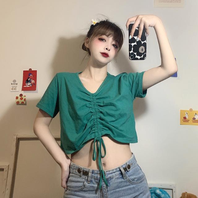 Áo croptop trơn nữ cổ chữ V tay ngắn phiên bản Hàn Quốc áo thun JL-TX-105