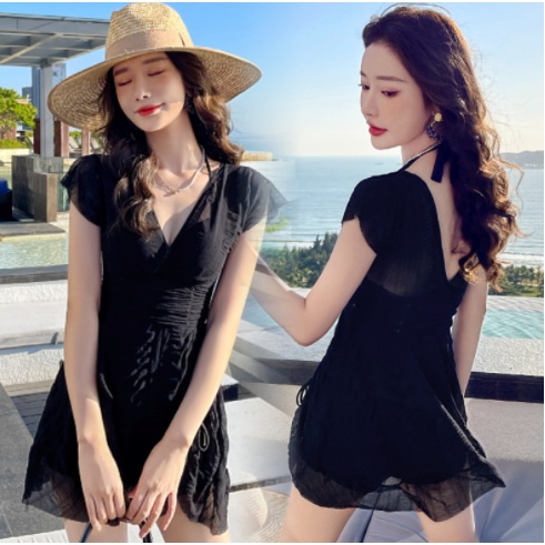 Bikini Đồ Bơi Nữ Tắm Biển Một Mảnh Cổ Khoét Chữ V Màu Đen