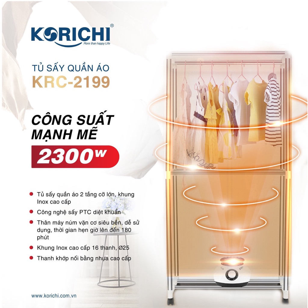 Tủ sấy quần áo Korichi KRC -2199, công suất 2300w sấy siêu nhanh, sử dụng công nghệ sấy PTC. Mẫu mới nhất 2022