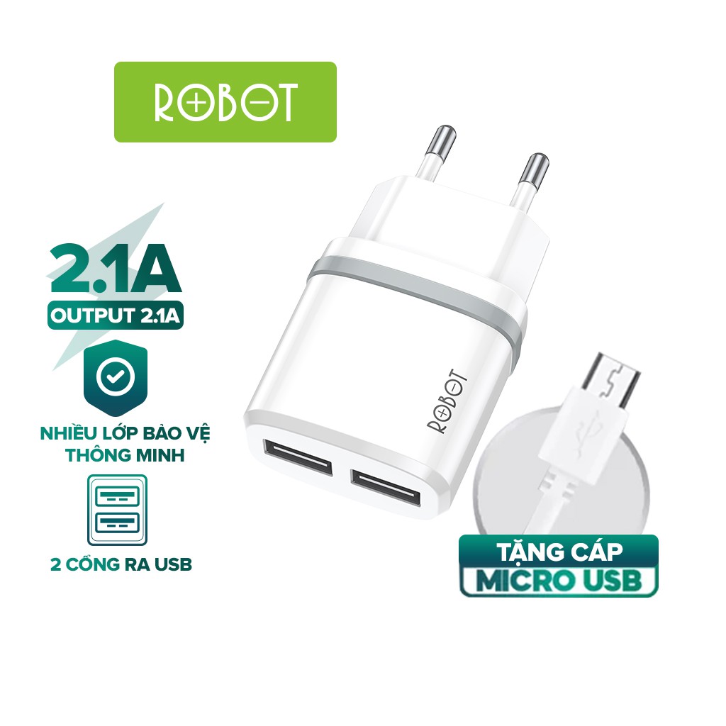 Cốc Sạc ROBOT RT-K9 - 2 Cổng Sạc Ra Sạc USB Tặng Kèm Cáp Micro 1m