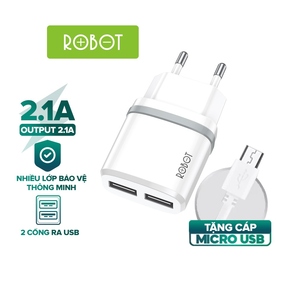 Cốc Sạc 2 Cổng USB ROBOT RT-K9 - 2 Cổng Sạc Ra Sạc Nhiều Thiết Bị iPhone Android - Kèm Cáp Micro 1m