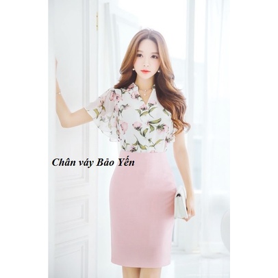 Chân váy bút chì xẻ sau hồng pastel 2 lớp tới gối - M41