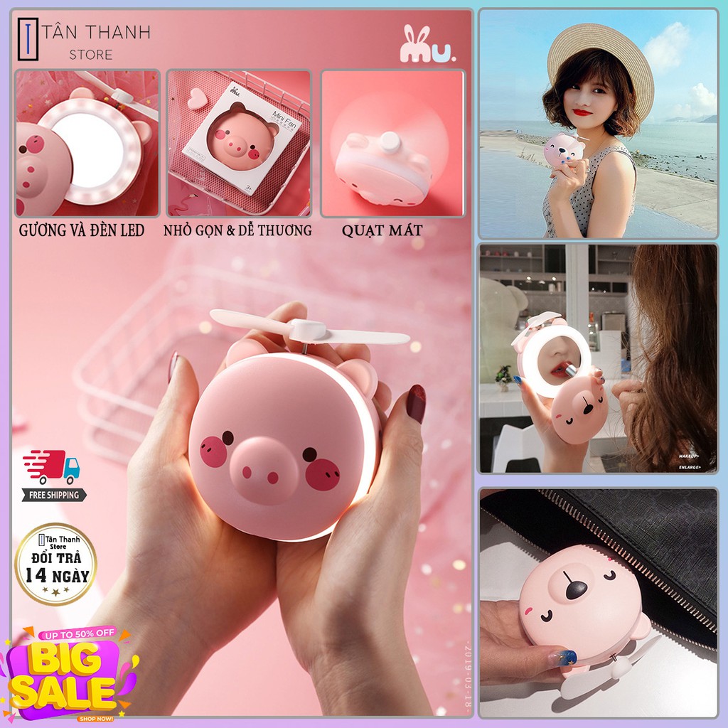 Quạt mini❤️SALE❤️Gương mini cầm tay có đèn led và quạt 3 in 1 hình heo siêu dễ thương nhỏ gọn tiện dụng bỏ túi dễ dàng