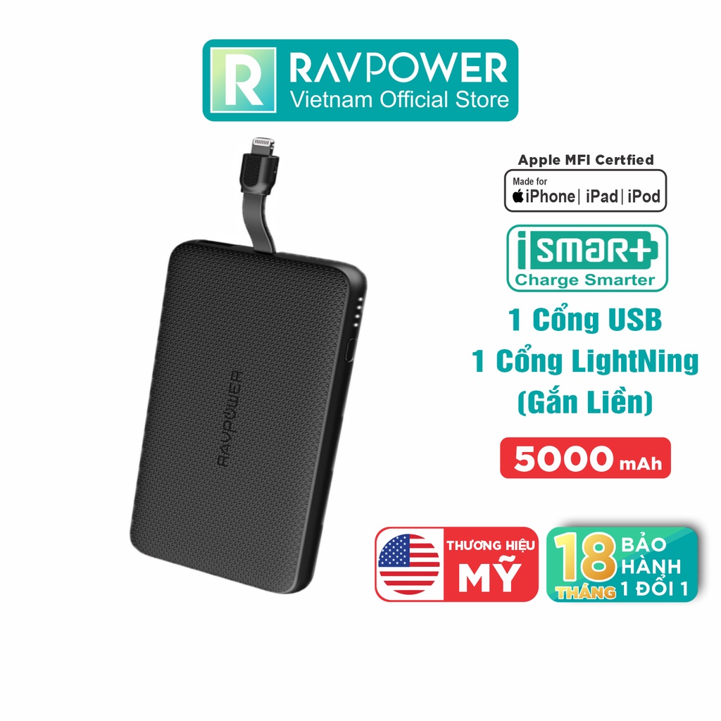 Pin Sạc Dự Phòng RAVPower 5000mAh Tích Hợp Cáp Sạc Lightning cho iPhone, iPad RP-PB098 - Hàng Chính Hãng