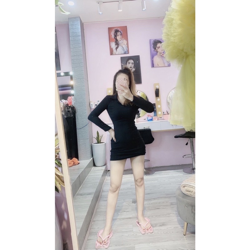 Đầm thun borip cổ trụ xẻ sâu hở ngực tay dài ôm body LL