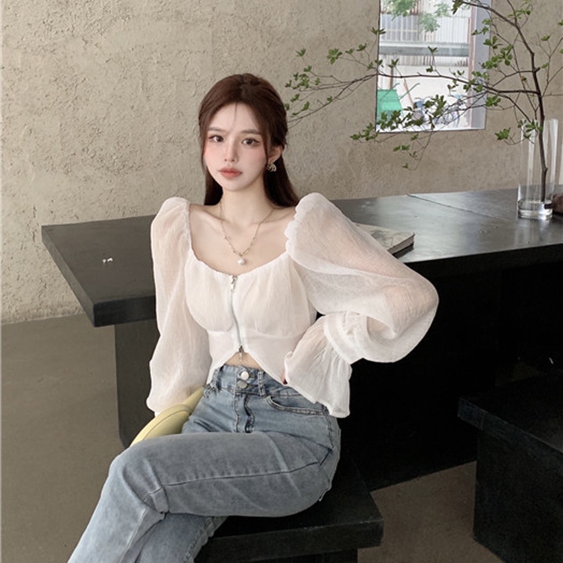 Áo chiffon IELGY tay loe có khóa kéo phong cách Pháp thời trang cho nữ