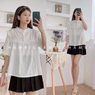 Áo Babydoll Cổ Tàu Ba Cúc Ngực Viền Bèo Chữ U Cộc Tay Cực Xinh Freesize<53Kg - A.185