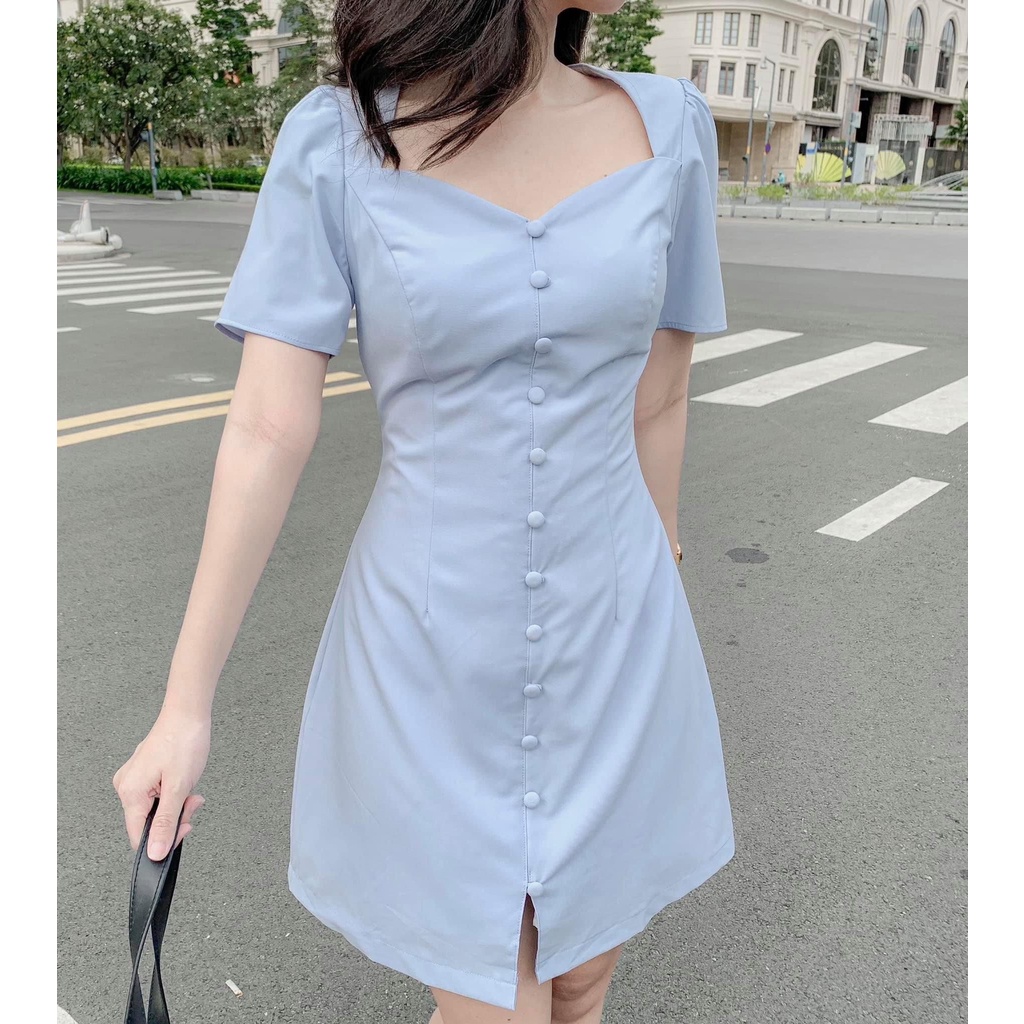 Đầm - váy tiểu thư trơn cúc bọc 2 màu