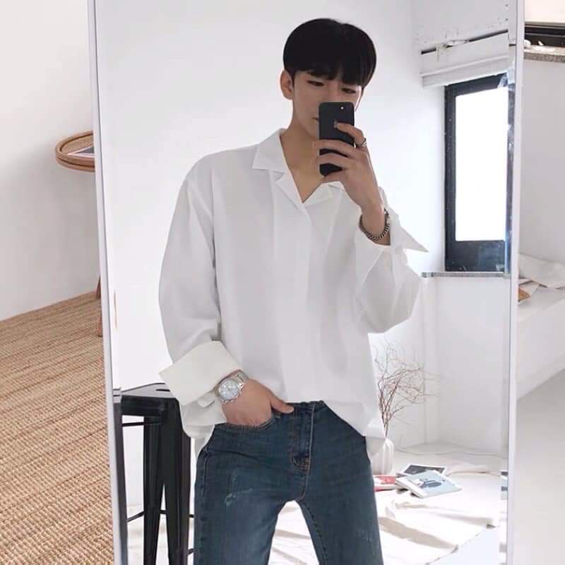 Áo sơ mi nam nữ dài tay cổ Vest UNISEX trơn 3 màu đen trắng be sữa chất đẹp hàng Quảng Châu | BigBuy360 - bigbuy360.vn