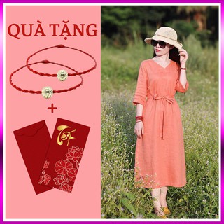Váy Dáng Suông Thắt Eo Cam Đào Vải Linen
