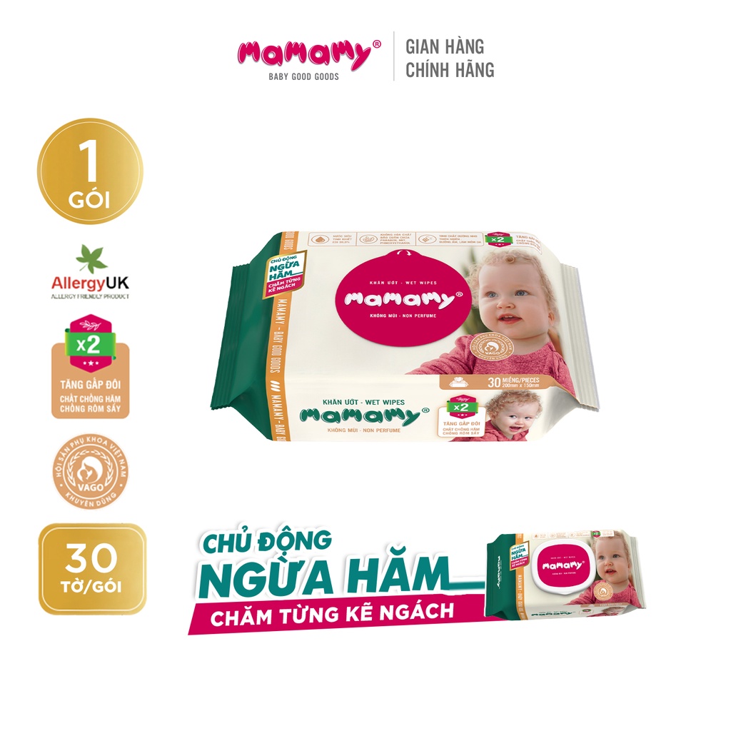 Khăn giấy ướt 30 tờ chủ động ngừa hăm/x2 chất ngừa hăm Mamamy Không mùi/Mùi dịu nhẹ an toàn cho bé