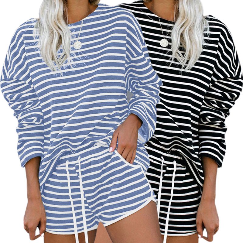 Bộ Đồ Ngủ 2 Món Áo Tay Dài Cổ Tròn Phối Quần Short Dây Rút In Họa Tiết Kẻ Sọc Xinh Xắn Cho Nữ