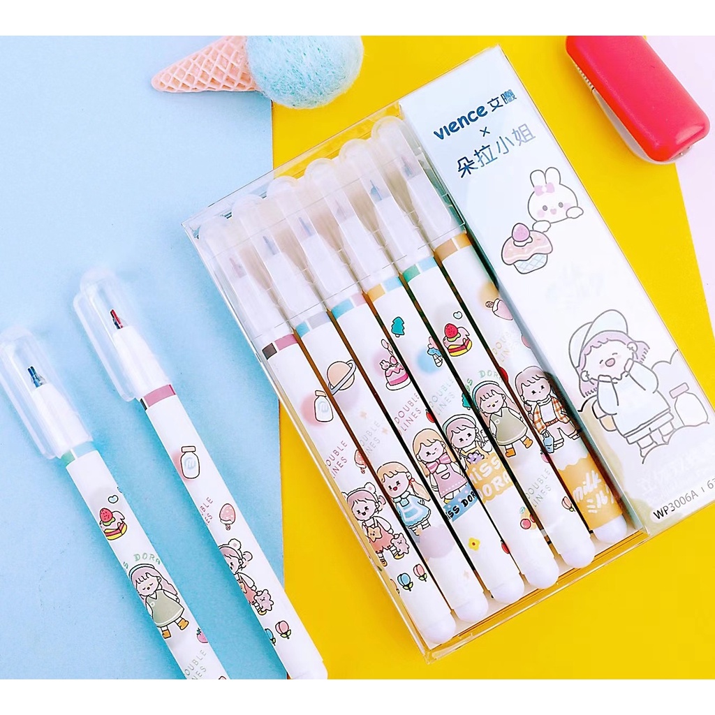 Bút gel 2 ngòi 2 Lines Pen nét 0.5mm nhiều màu, bút ghi chú, viết chữ độc đáo