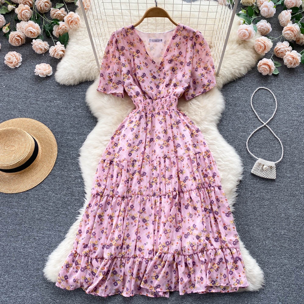 Đầm Midi Cổ Chữ V Tay Ngắn In Họa Tiết Hoa Thời Trang Mùa Hè Xinh Xắn Cho Nữ