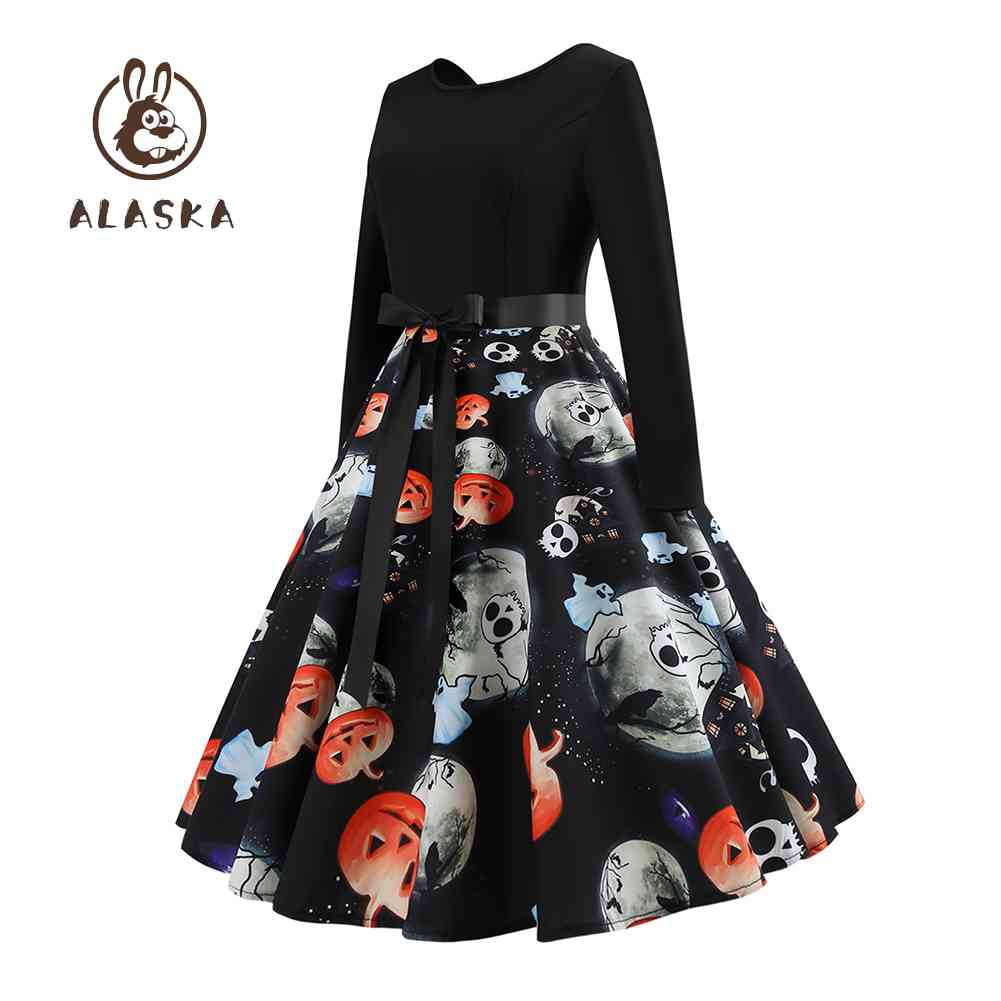 Đầm Xòe In Họa Tiết Bí Ngô Halloween Thắt Nơ Cổ Điển Cho Nữ