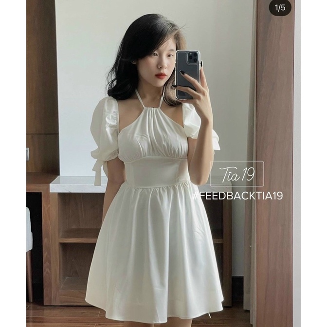 Đầm Xoè cổ yếm Tay Ngắn Trễ Vai siêu xinh