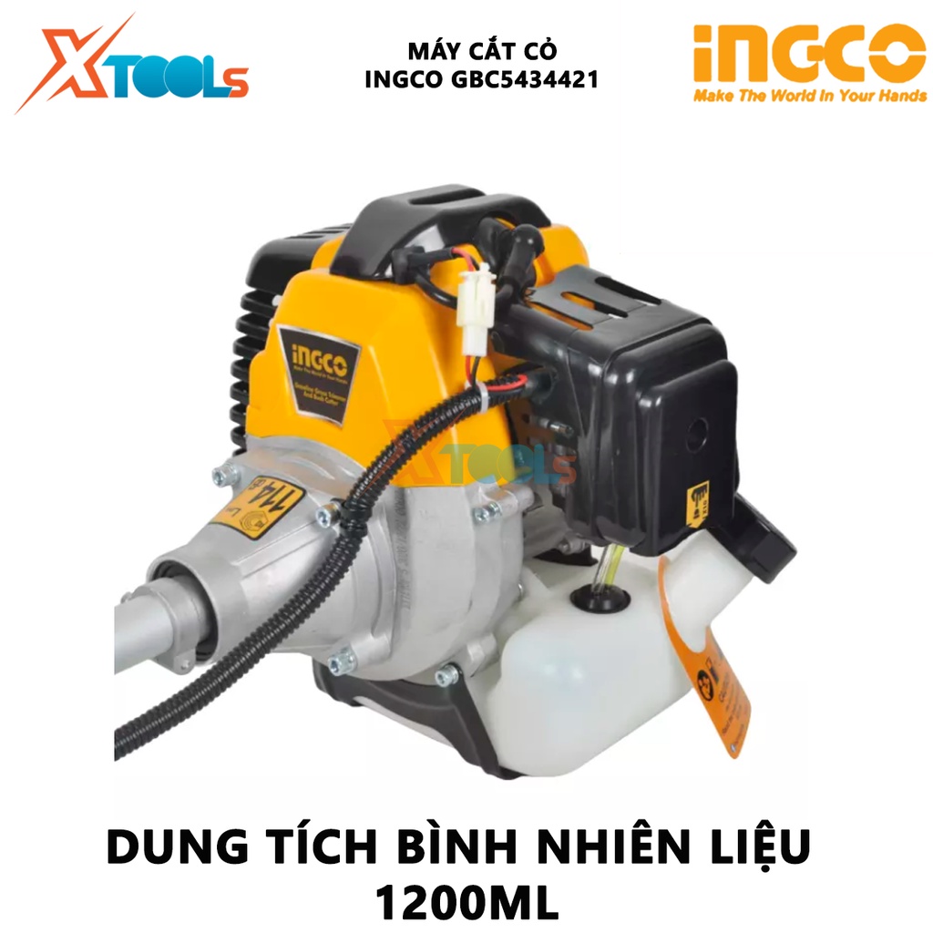 Máy cắt cỏ cầm tay INGCO GBC5434421 | máy cắt cỏ 2 thì 1.25Kw(2HP), Đường kính lưỡi 255mm (3 răng), Độ cắt tối đa 420mm